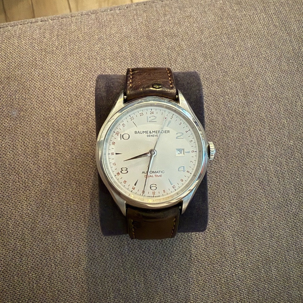 Baume & Mercier Silver Dial Watch with Brown Leather Strap